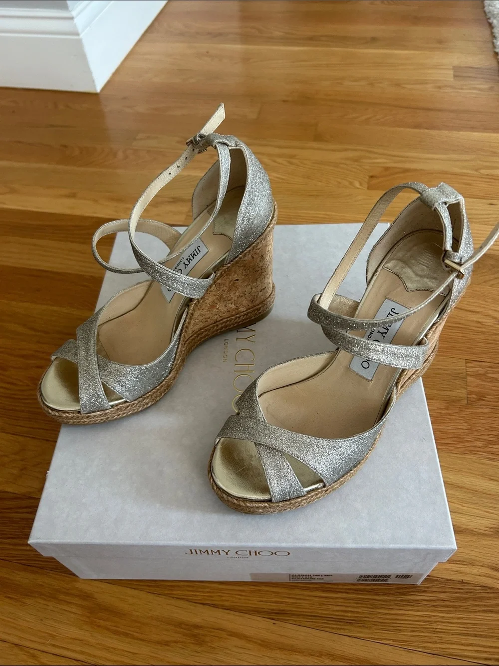 Jimmy Choo Platinum Ice Alana Espadrille Wedge Sandals size 38.5